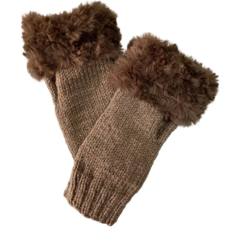Women’s Faux Fur Fingerless Knitted Gloves | Warm Winter Hand Wrist Warmers | Soft, Stylish & Comfortable | Brown