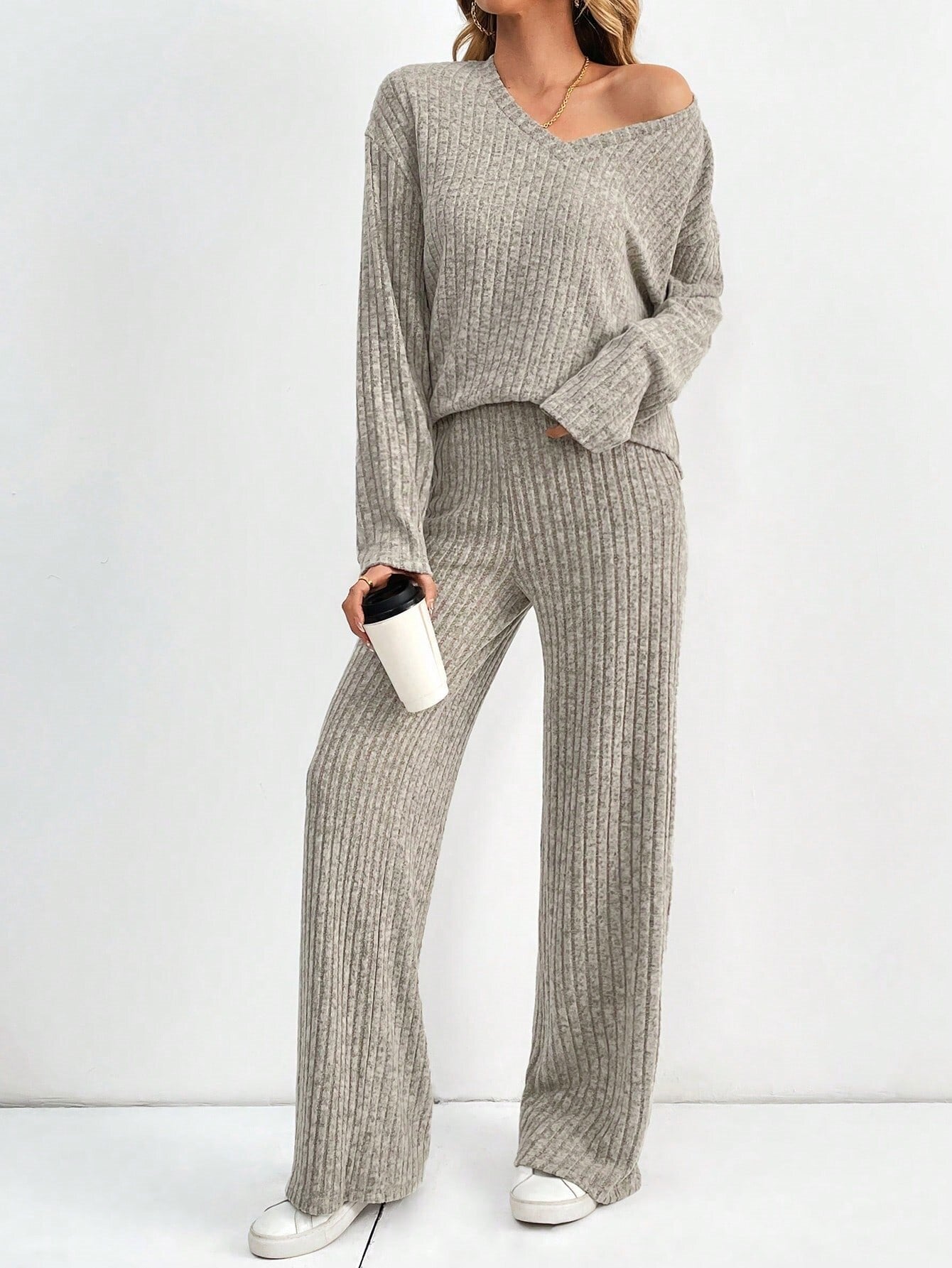 Women's Fashion Casual Straight Pants Temperament V-neck Sunken Stripe Knitting Suit