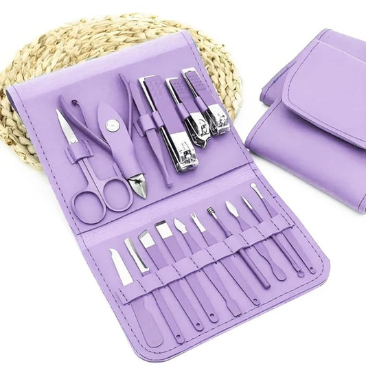 Purple manicure set with tools on a white background
travel grooming kit for nails manicure and pedicure