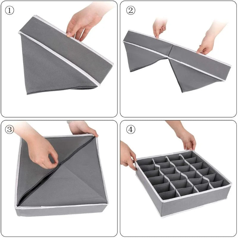 Step-by-step process of unfolding a gray fabric organizer with compartments.