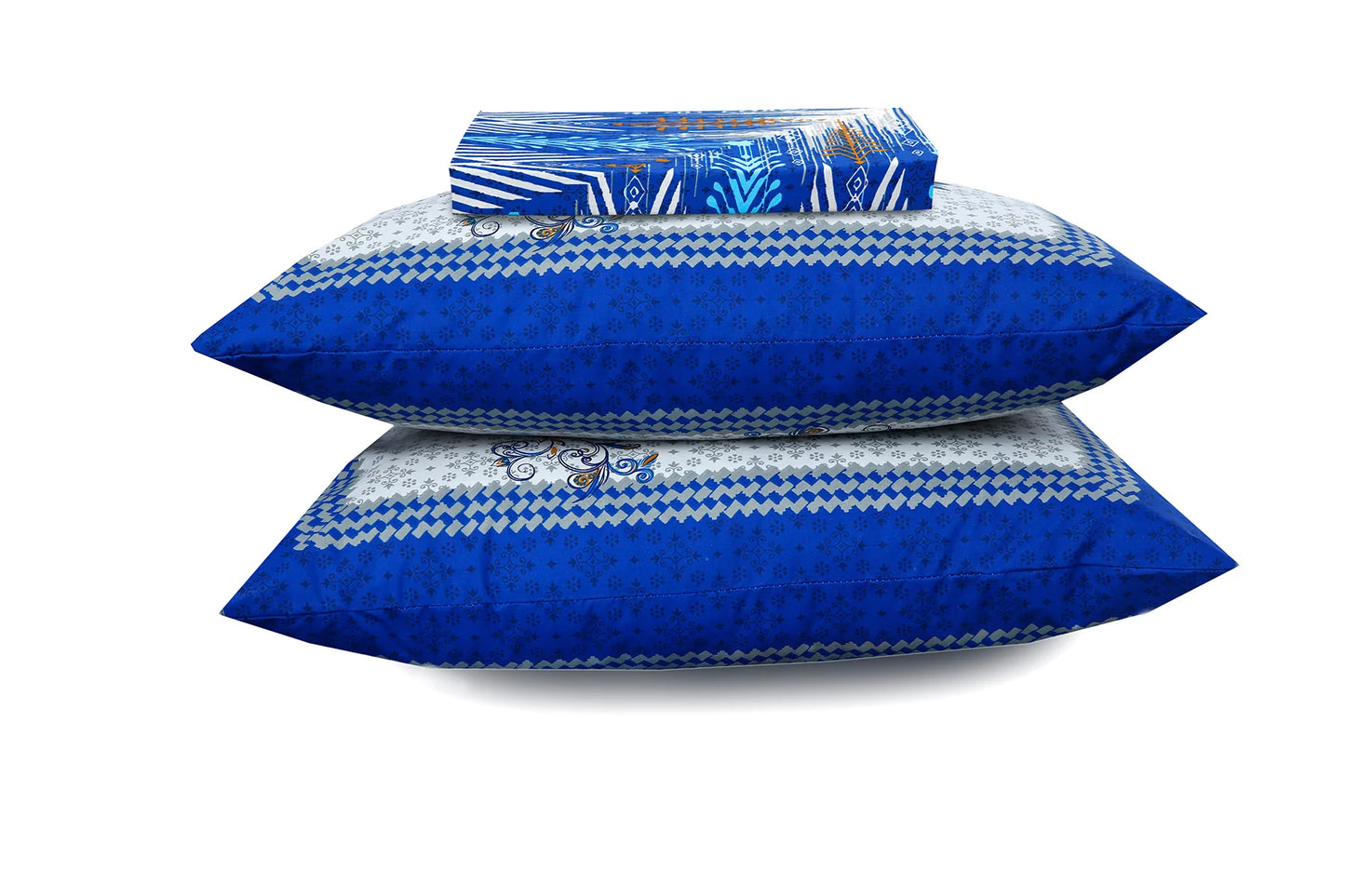 Two blue and white patterned pillows on a white background