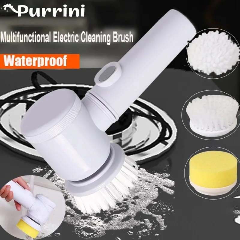 Multifunctional electric cleaning brush with various attachments on a dark background, featuring the brand 'Purrini'.