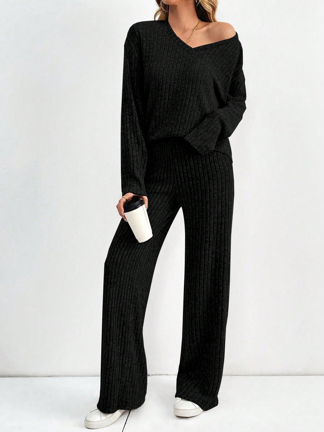 Women's Fashion Casual Straight Pants Temperament V-neck Sunken Stripe Knitting Suit