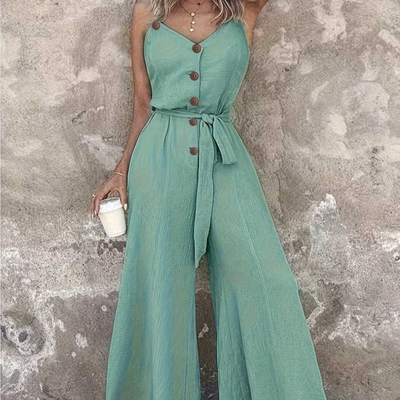 Women's Solid Color Buttons Drawstring Wide Leg Loose Jumpsuit