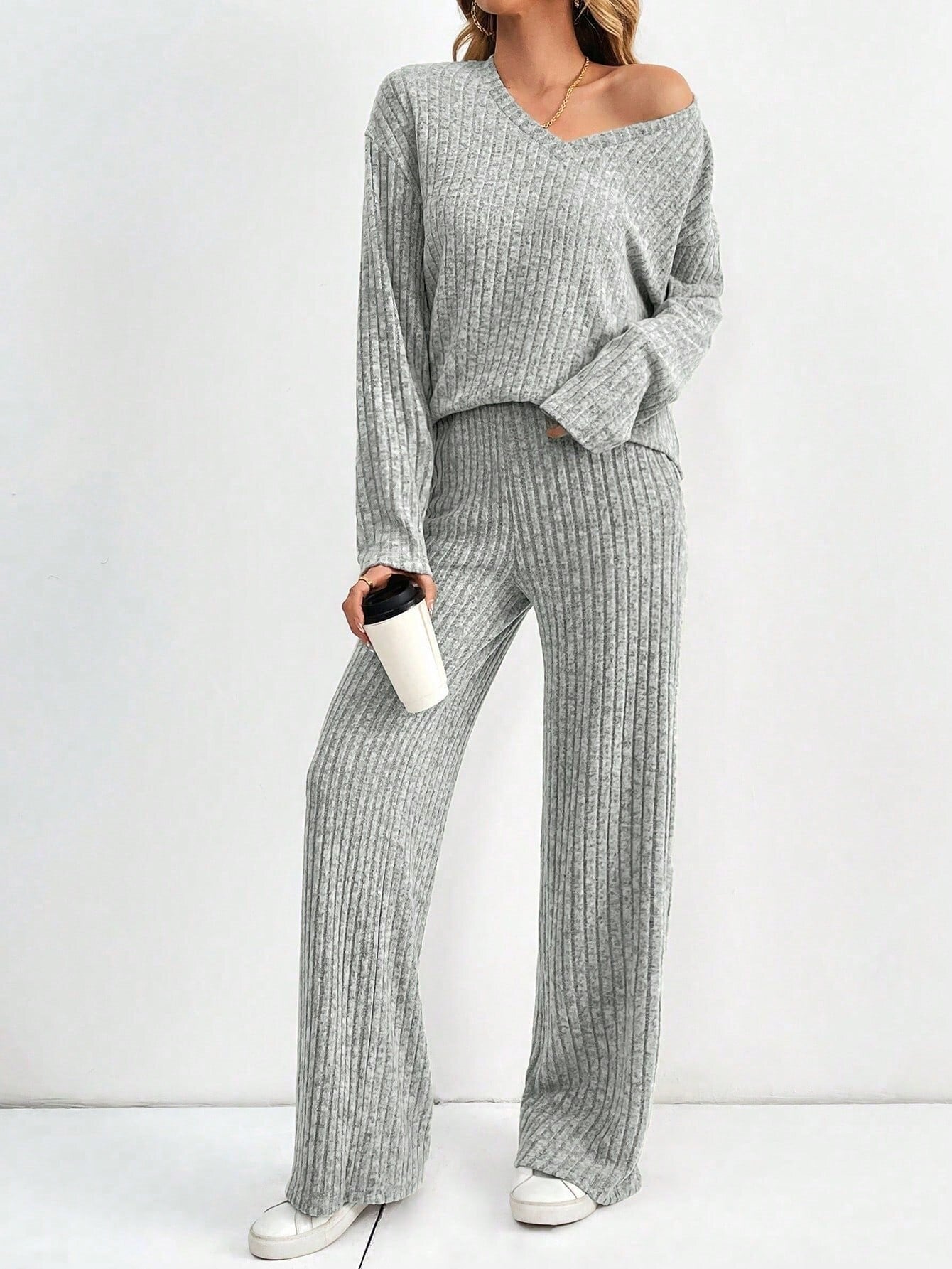 Women's Fashion Casual Straight Pants Temperament V-neck Sunken Stripe Knitting Suit