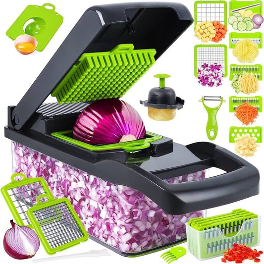 Multifunctional kitchen tool with onion dicer and various attachments on a white background