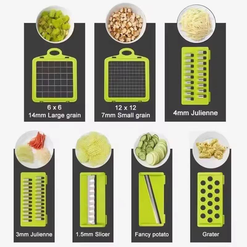 Set of green vegetable slicers with different settings on a white background