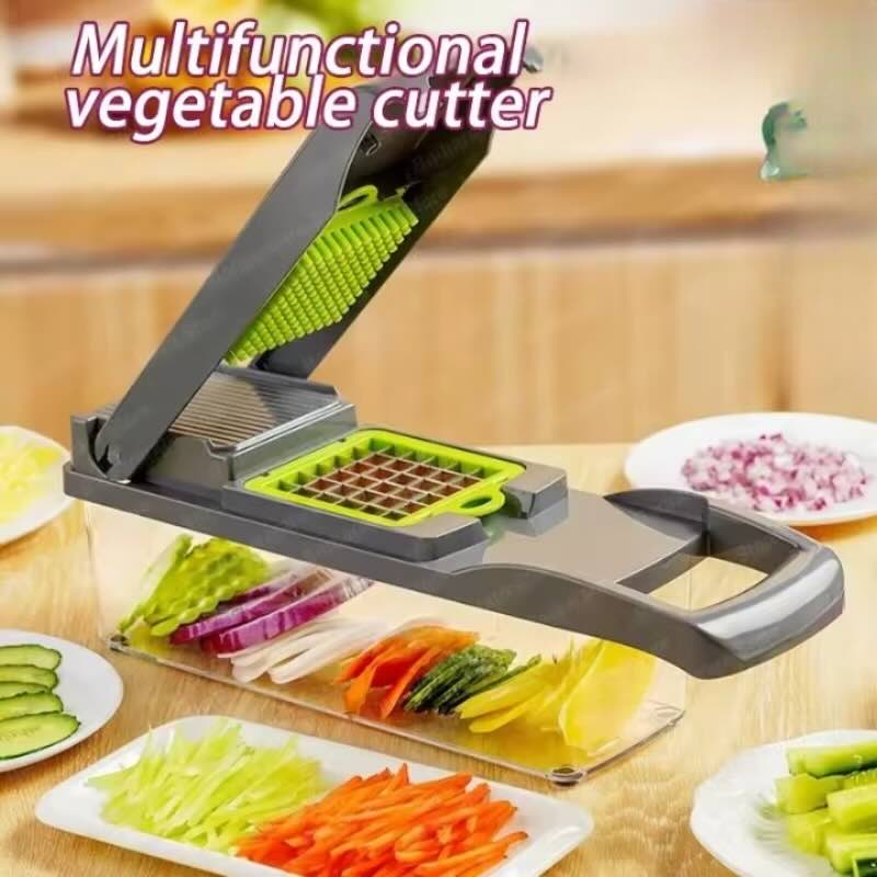 Multifunctional vegetable cutter with sliced vegetables on a wooden table