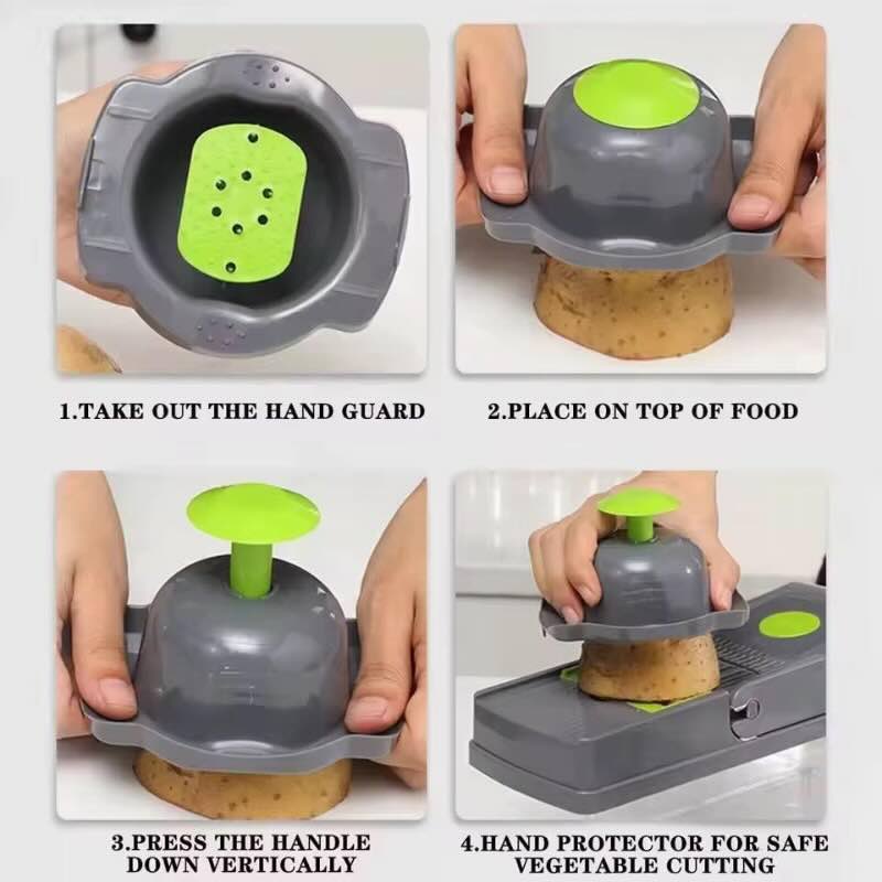 Instructions for using a vegetable chopper with text overlay