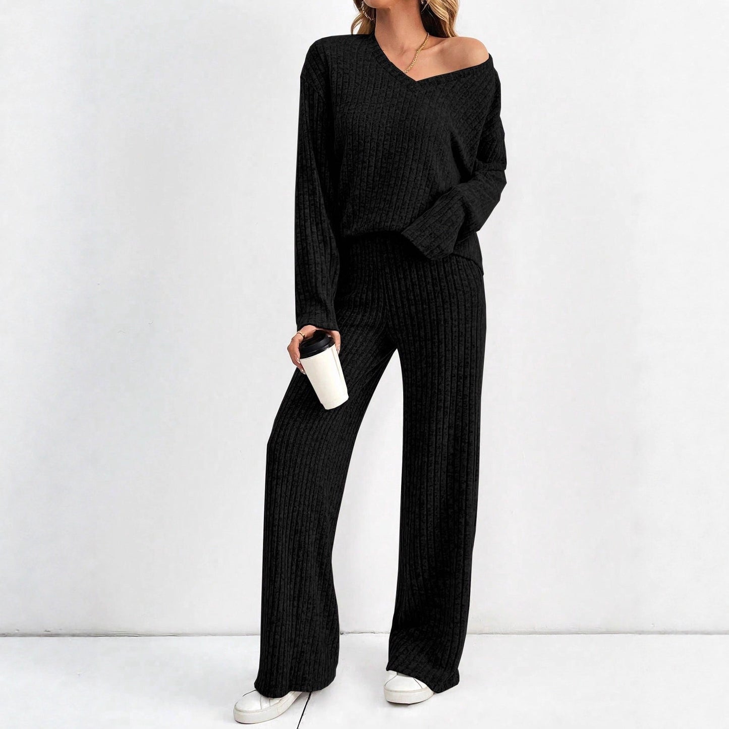Women's Fashion Casual Straight Pants Temperament V-neck Sunken Stripe Knitting Suit