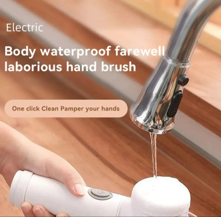 Electric hand brush being used under a faucet with text highlighting its features.
