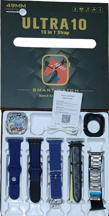 Packaging of Ultra10 smart watch straps with accessories on a black background