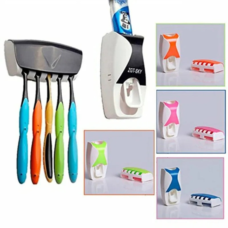 Automatic Toothpaste Dispenser Set with Wall-Mounted Toothbrush Holder | Random Colors