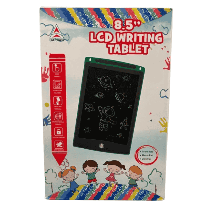 Packaging of an 8.5-inch LCD writing tablet with colorful design and illustrations.