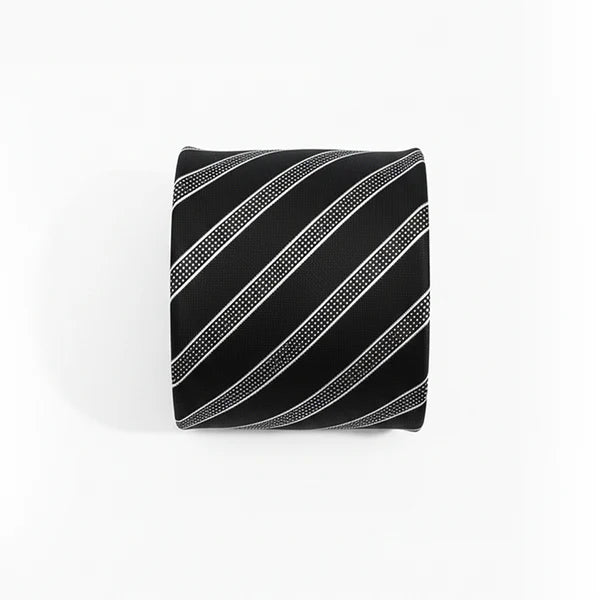 Black tie with white diagonal stripes on a white background