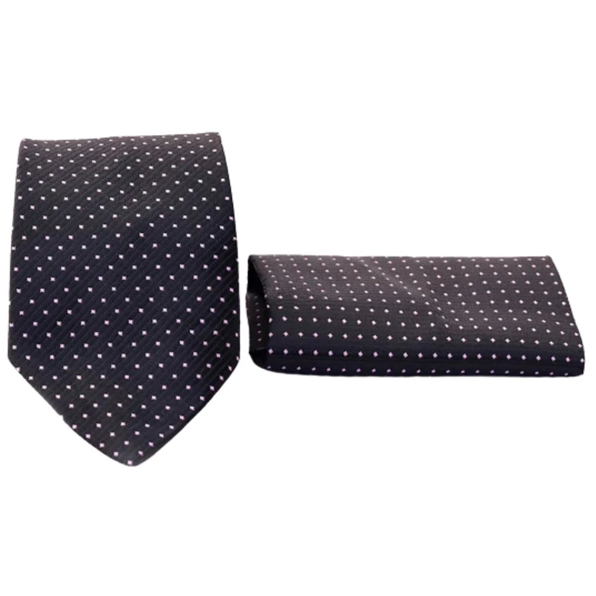 Black tie with white polka dots and matching pocket square on a white background