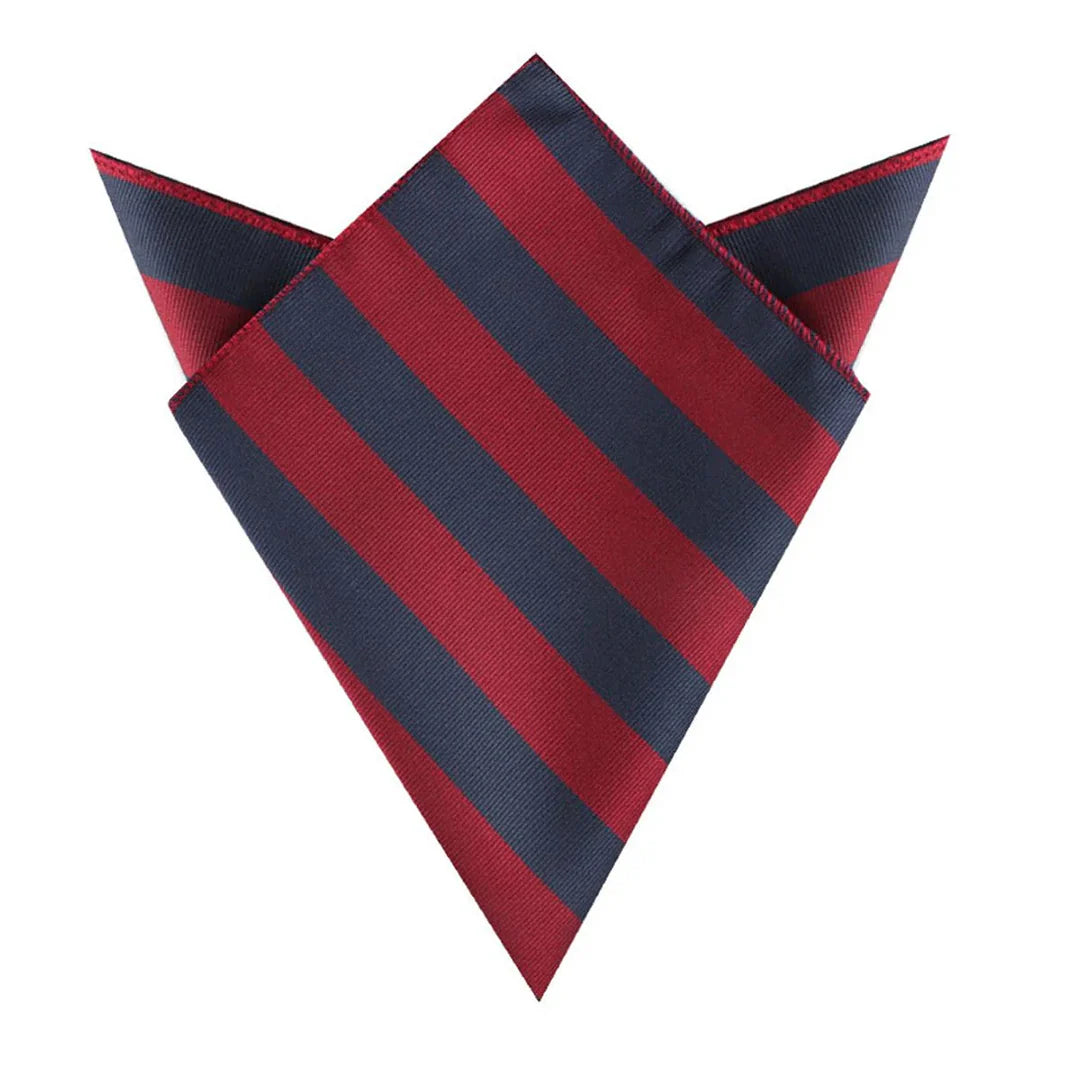 Red and navy striped pocket square on a white background