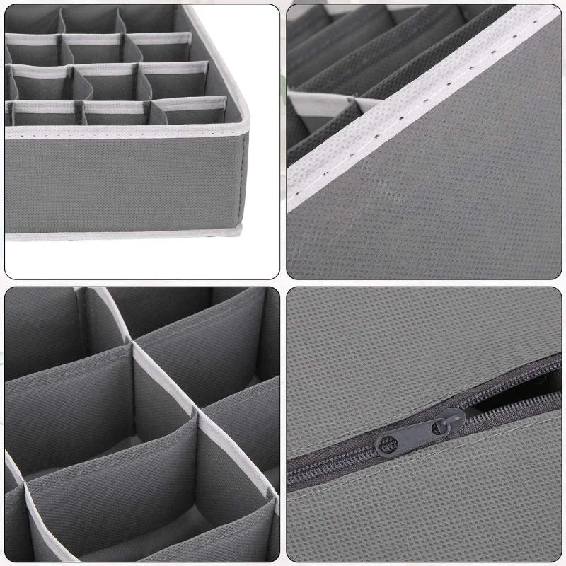 Collage of a gray storage organizer with compartments and a zipper, showing different angles and details.