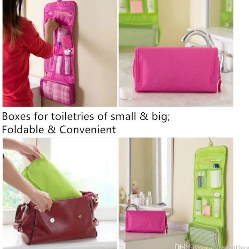 Collage of pink and green toiletry bags being used in various settings.