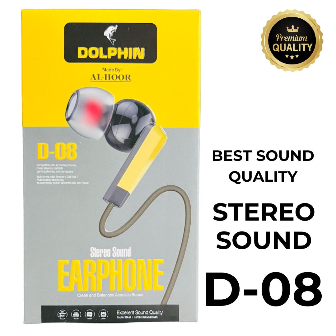 Dolphin earphone packaging with product details on a white background