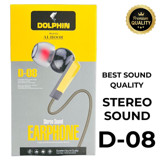 Dolphin earphone packaging with product details on a white background