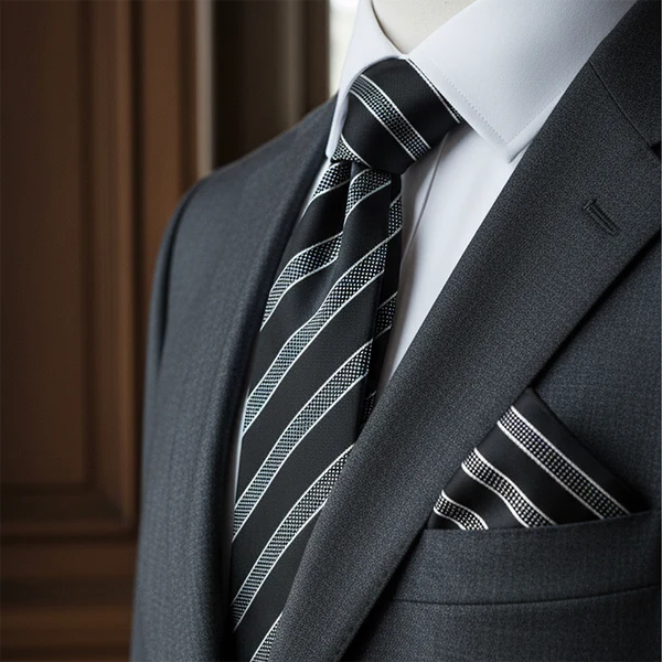 Gray suit with a black and white striped tie and matching pocket square on a mannequin.