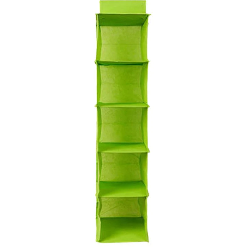 Green vertical shoe organizer with multiple compartments on a white background