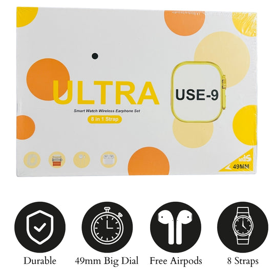 | High-Resolution Touchscreen, Water-Resistant & Bluetooth 5.0                      Box for Ultra USE-9 smart watch and wireless earphone set with colorful design and product features listed.