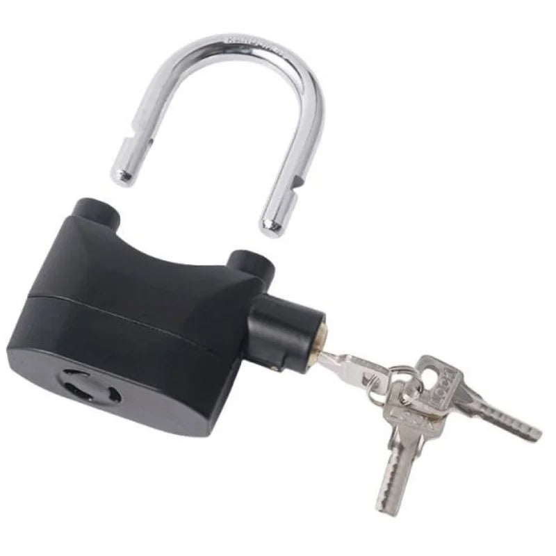 High-Security Gembok Alarm Lock | Waterproof Siren Padlock for Bike, Scooter & Door Protection
Black padlock with two keys on a white background