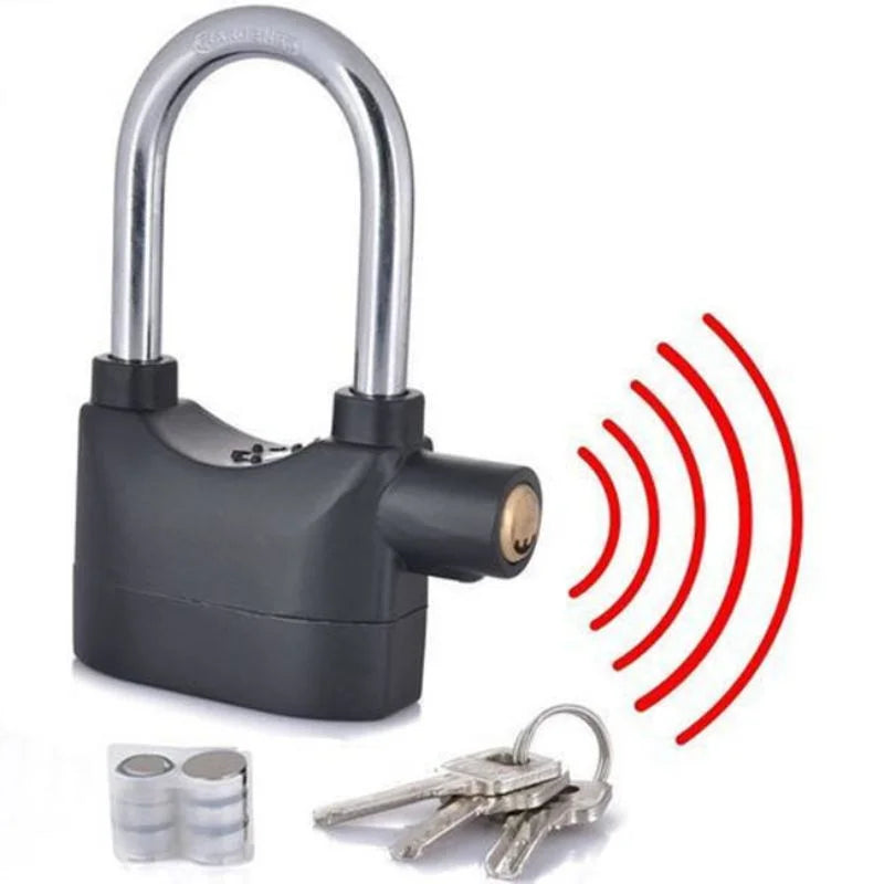 High-Security Gembok Alarm Lock | Waterproof Siren Padlock for Bike, Scooter & Door Protection
Security lock with alarm system and keys on a white background