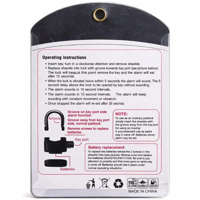 Lock with operating instructions on a white background