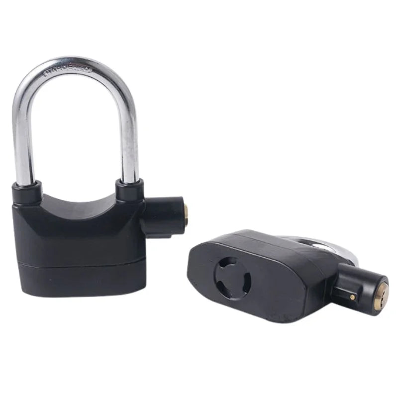 High-Security Gembok Alarm Lock | Waterproof Siren Padlock for Bike, Scooter & Door Protection
Black motorcycle lock with a metallic shackle on a white background
