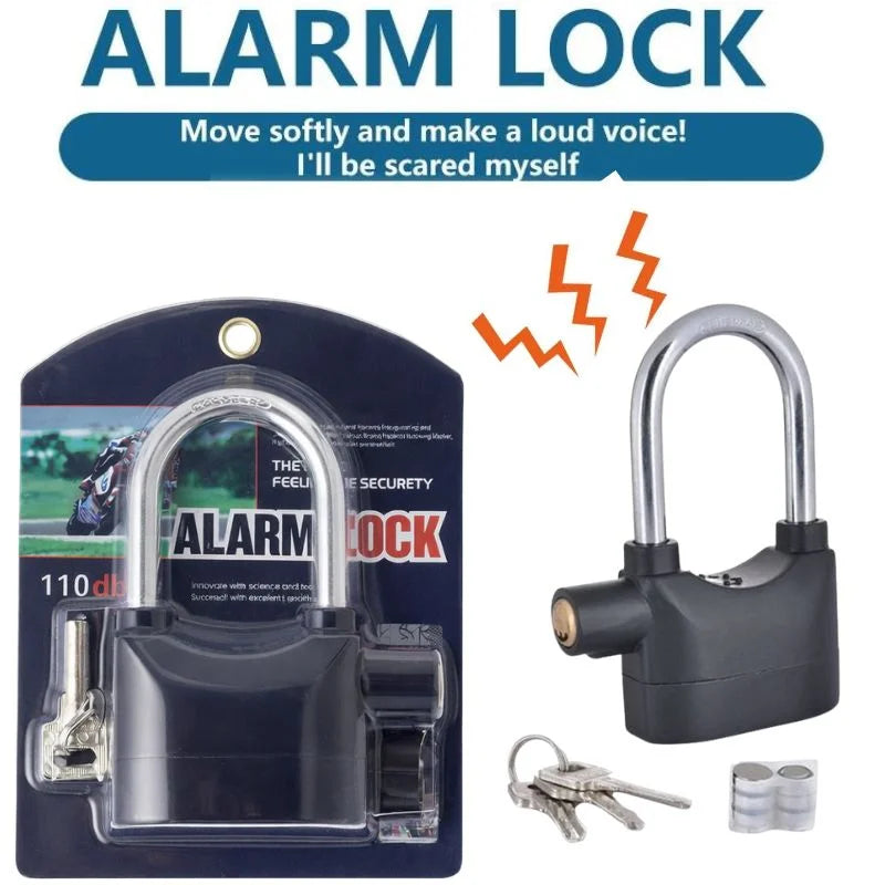 High-Security Gembok Alarm Lock | Waterproof Siren Padlock for Bike, Scooter & Door Protection
Alarm lock with packaging and keys on a white background