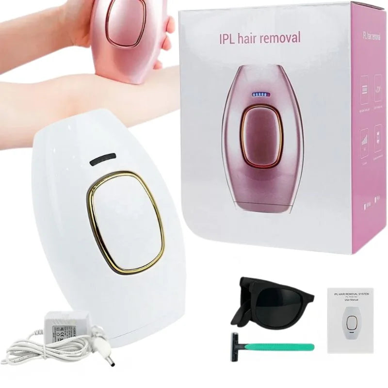 IPL hair removal device with packaging, accessories, and power cord on a white background