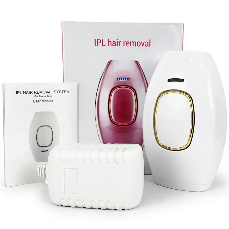 IPL hair removal system with device, handle, and user manual on a white background