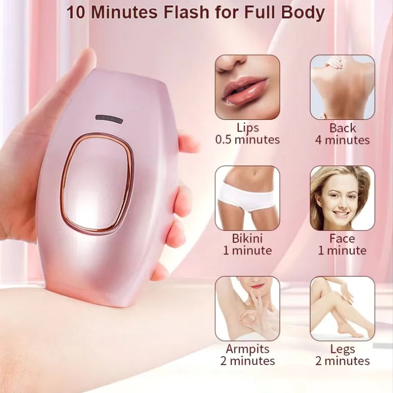 Handheld device for body hair removal with time duration icons on a pink background