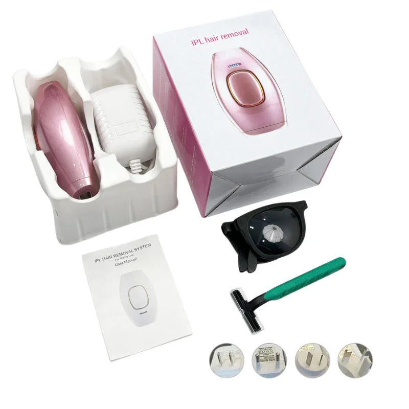 IPL hair removal device with accessories on a white background