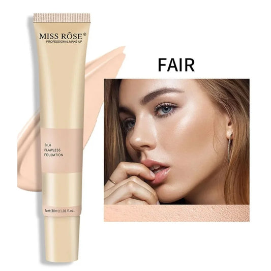 Miss Rose foundation tube with a model wearing the foundation on a white background