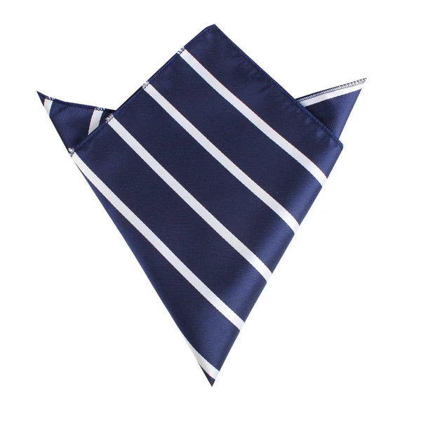 Navy blue pocket square with white stripes on a white background
