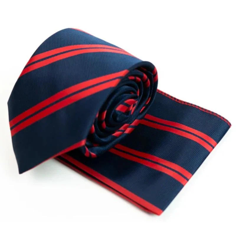 Navy blue tie with red stripes on a white background