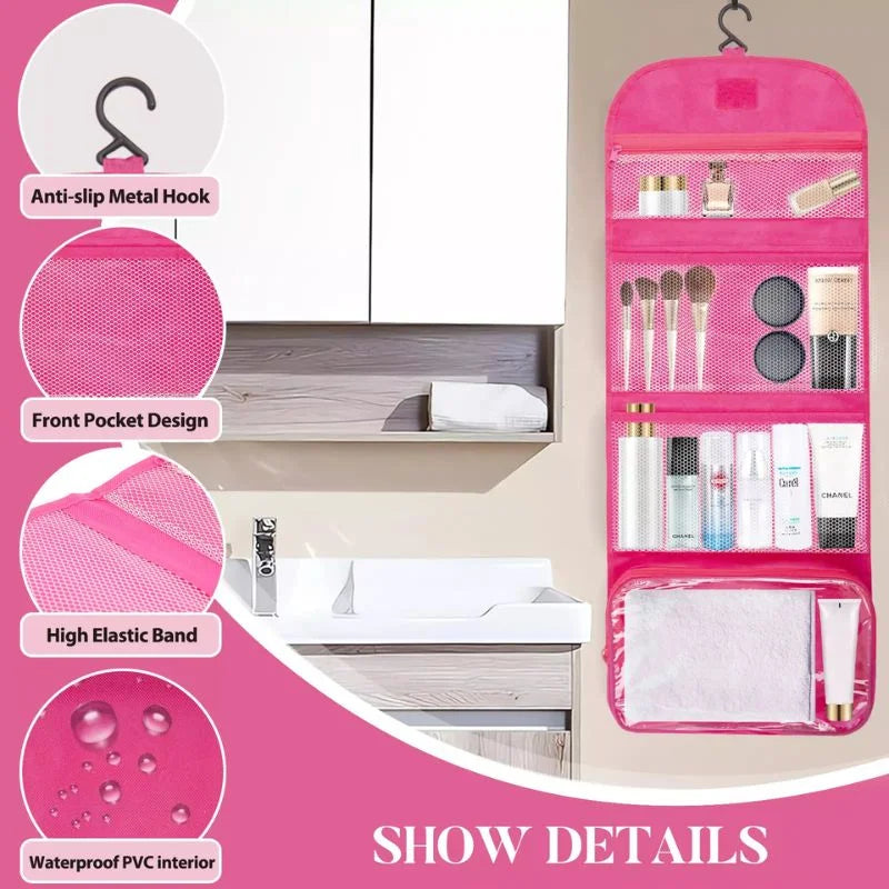 Pink hanging organizer with cosmetic items and features highlighted on a pink background.