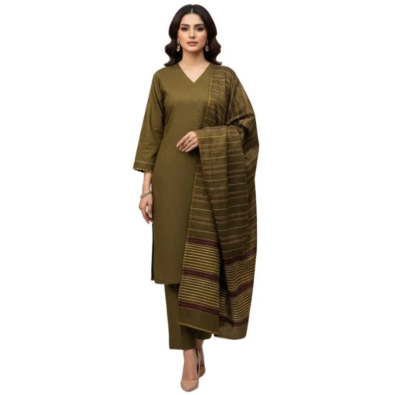 Winter Sussi Silk 3-Piece Suit for Women | Unstitched Plain Shirt & Trouser | Heavy Winter Sussi Shawl |  Olive Green