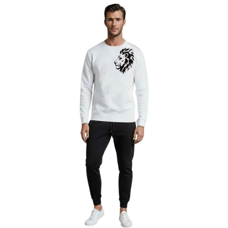 LION Printed White Tracksuit Sweatshirt & Trouser  | Warm & Comfortable Winter Wear | Large