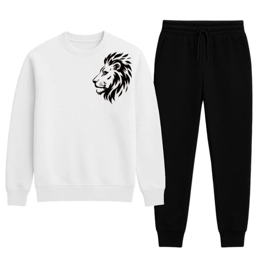 LION Printed White Tracksuit Sweatshirt & Trouser  | Warm & Comfortable Winter Wear | Large