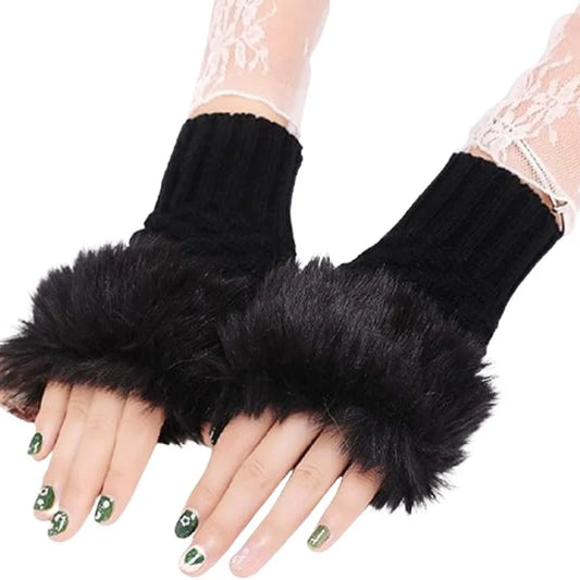 Women’s Faux Fur Fingerless Knitted Gloves | Warm Winter Hand Wrist Warmers | Soft, Stylish & Comfortable | Black