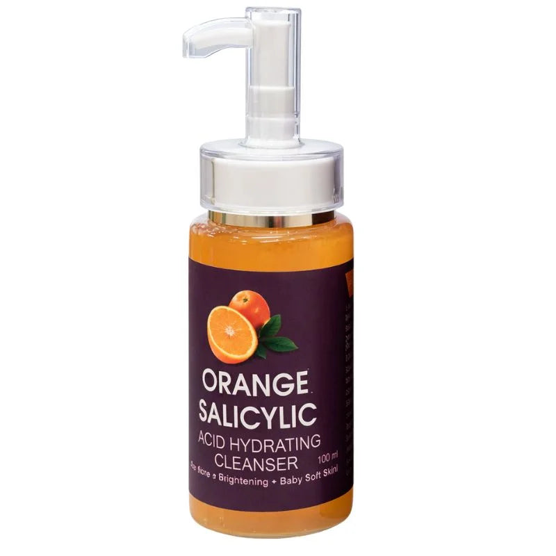 Bottle of Orange Salicylic Acid Hydrating Cleanser with pump on a white background