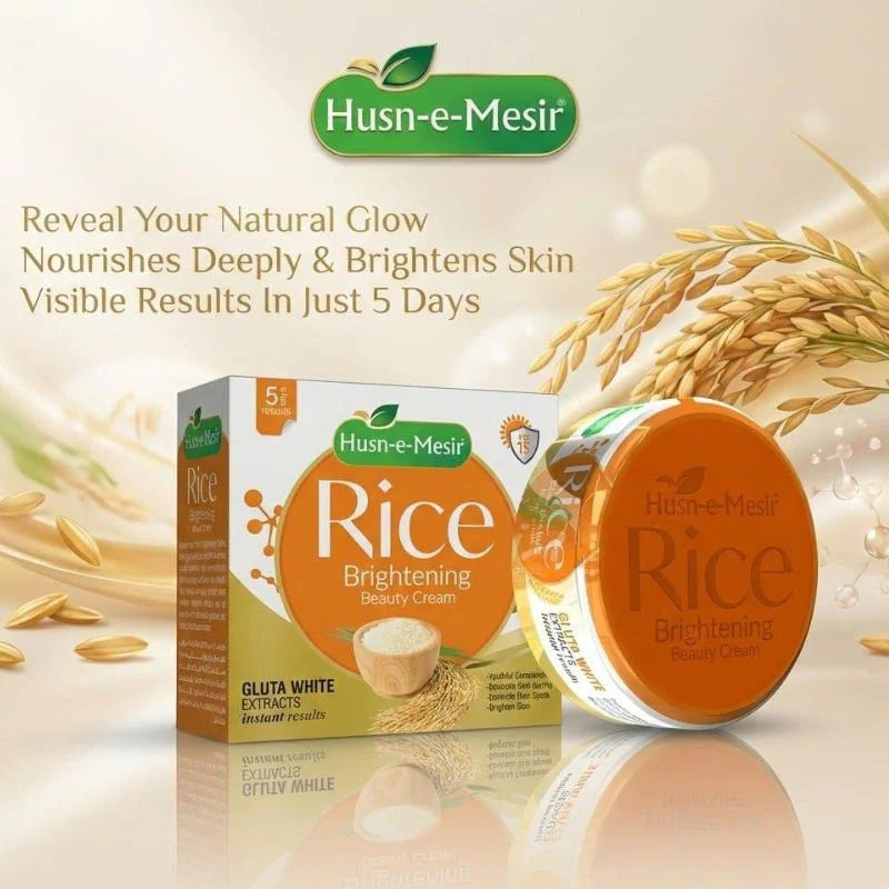 Husn-e-Mesir Rice Brightening Beauty Cream packaging with rice grains on a beige background
