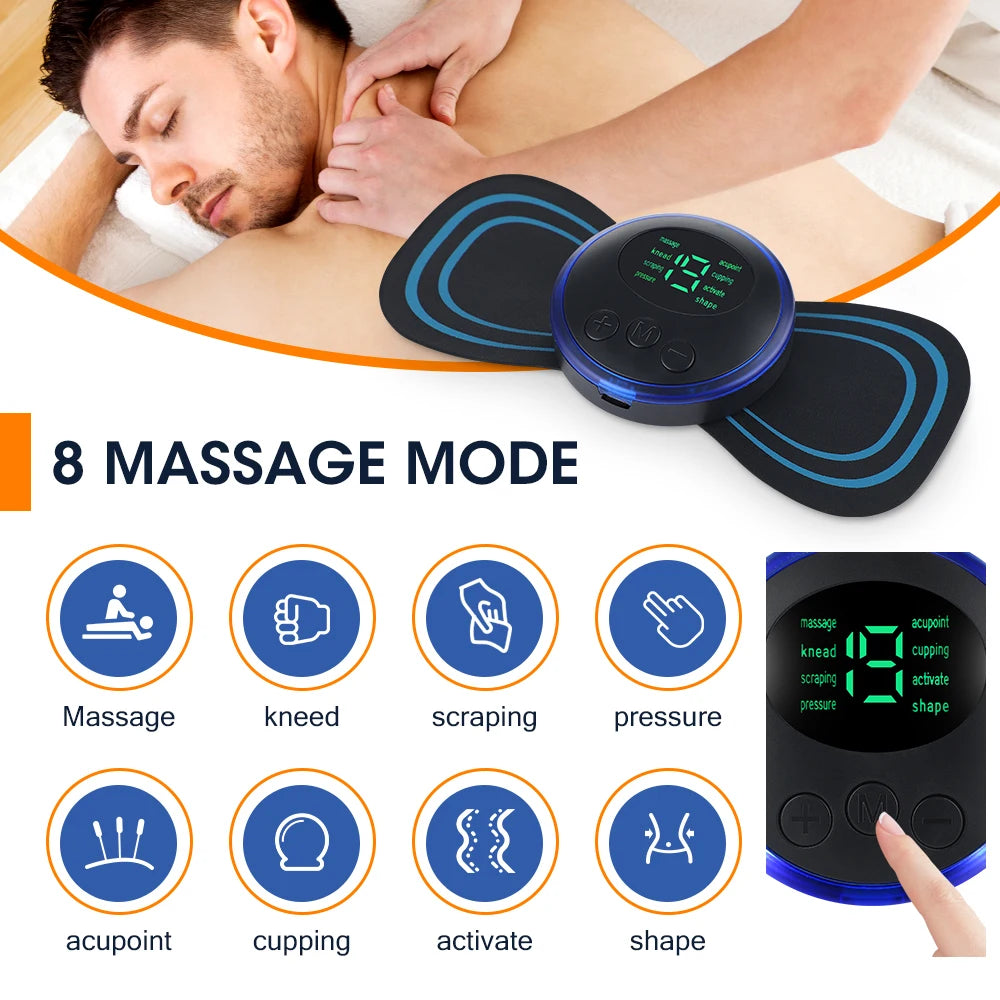 Massage device with digital display and 8 massage mode icons on a white background.