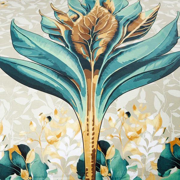 Decorative design with large leaves and small flowers on a textured background
