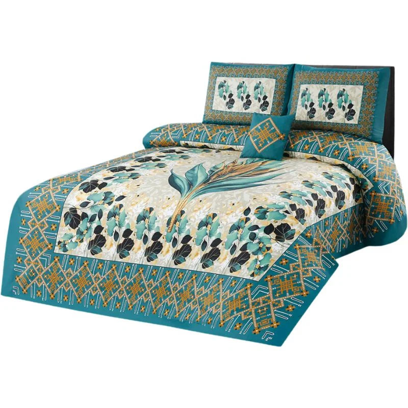 Decorative bedspread set with geometric patterns on a white background